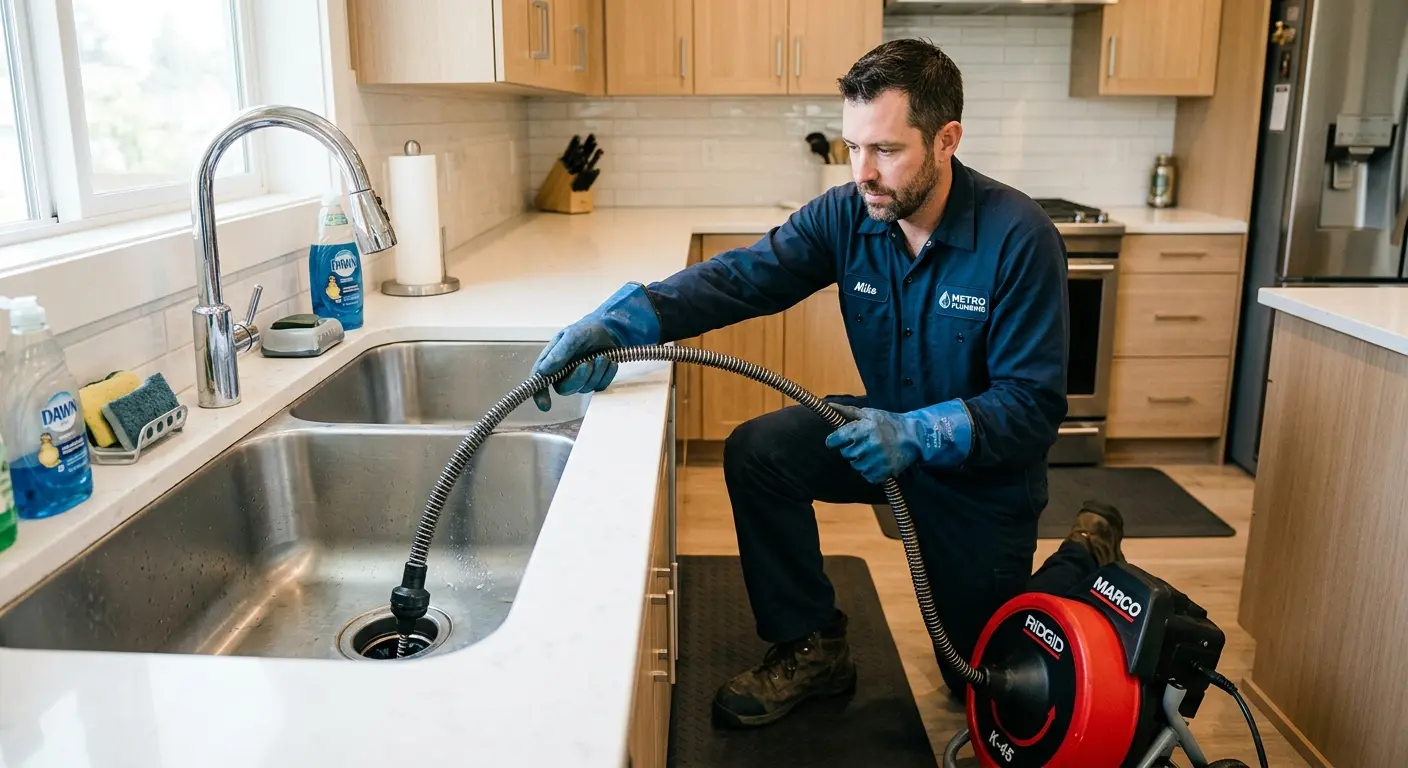 Drain cleaning technician using a motorized snake on a kitchen sink in Corinth