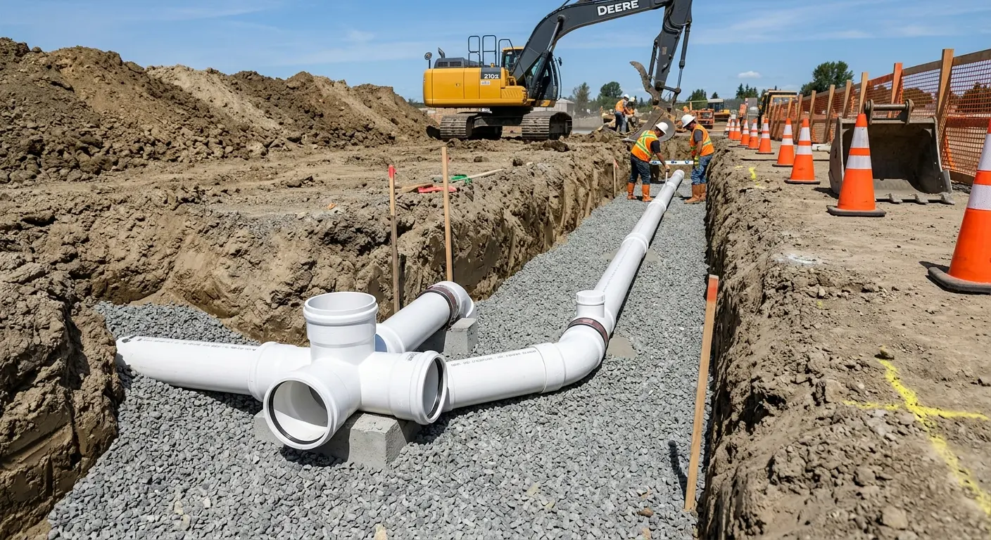 New PVC sewer pipe installation in open trench for Grease Trap Cleaning in Corinth